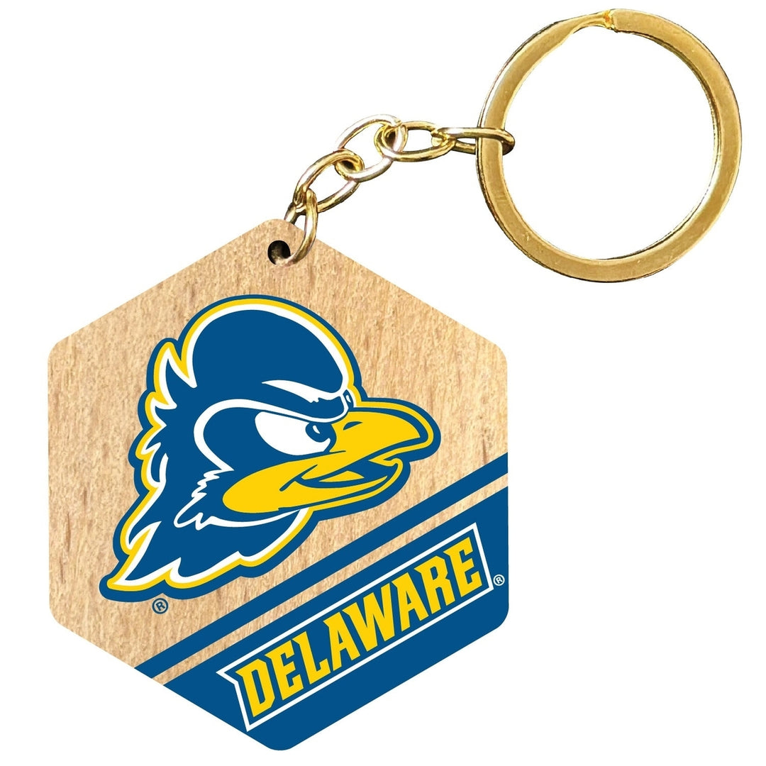 Delaware Blue Hens 2" Wooden Hexagon Keychain Officially Licensed Collegiate Product Image 1