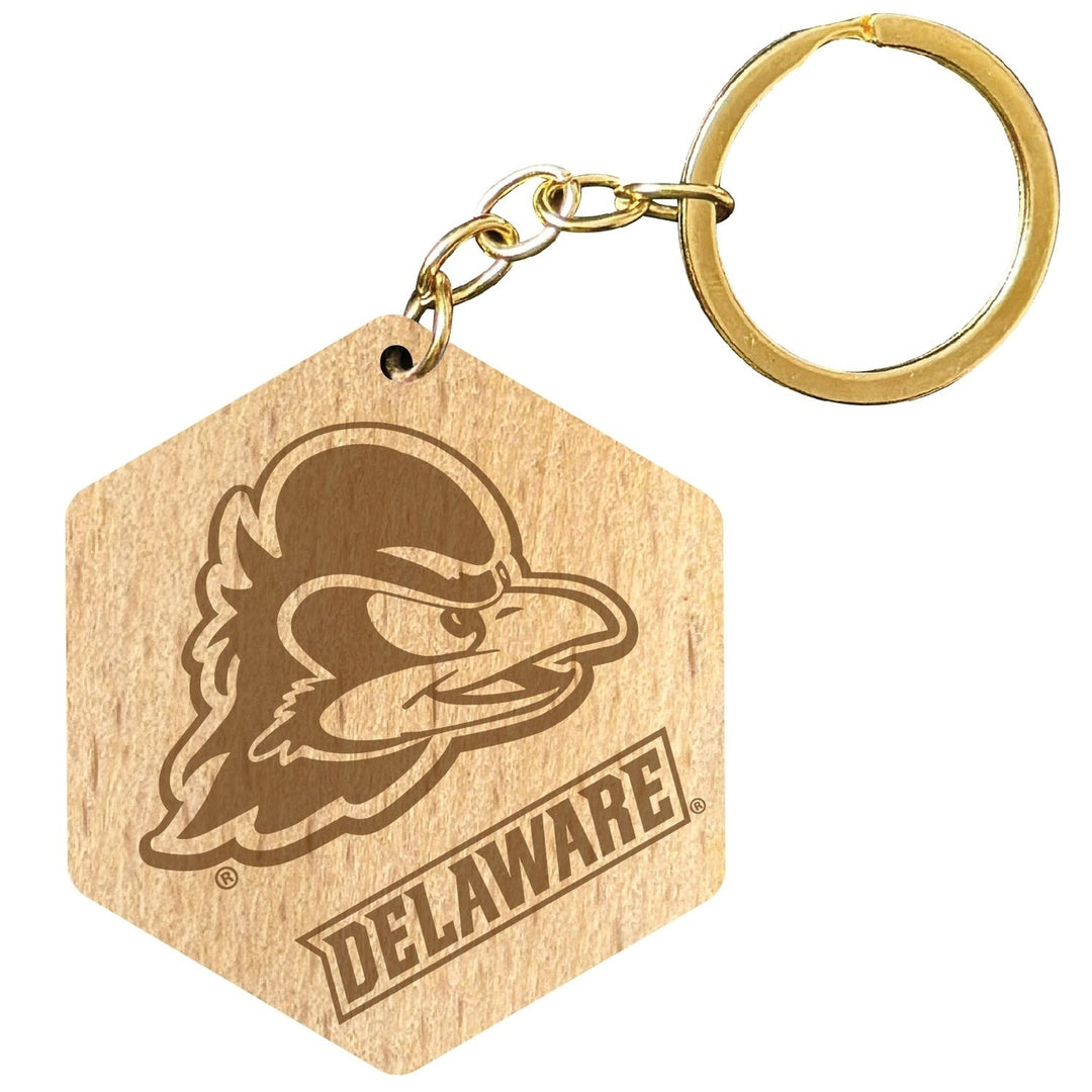 Delaware Blue Hens 2" Engraved Wooden Hexagon Keychain Officially Licensed Collegiate Product Image 1