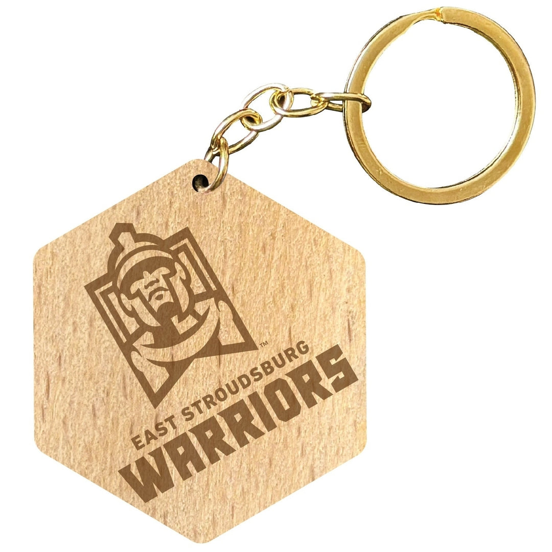 East Stroudsburg University 2" Engraved Wooden Hexagon Keychain Officially Licensed Collegiate Product Image 1