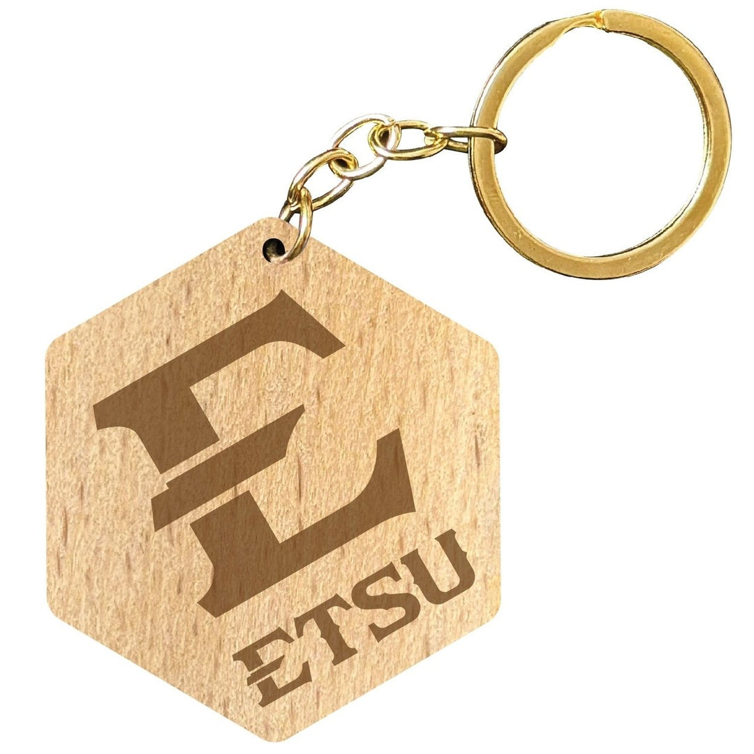 East Tennessee State University 2" Engraved Wooden Hexagon Keychain Officially Licensed Collegiate Product Image 1