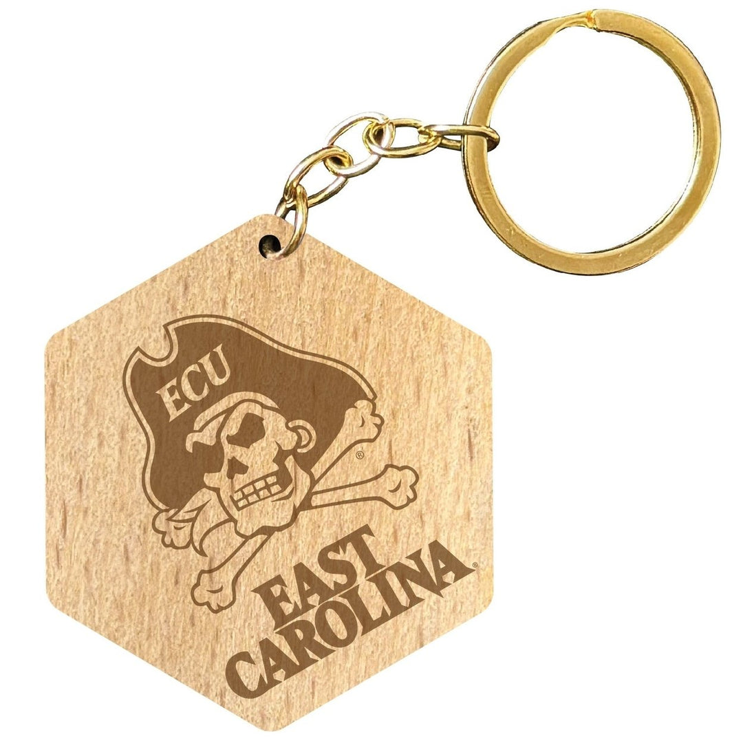 East Carolina Pirates 2" Engraved Wooden Hexagon Keychain Officially Licensed Collegiate Product Image 1