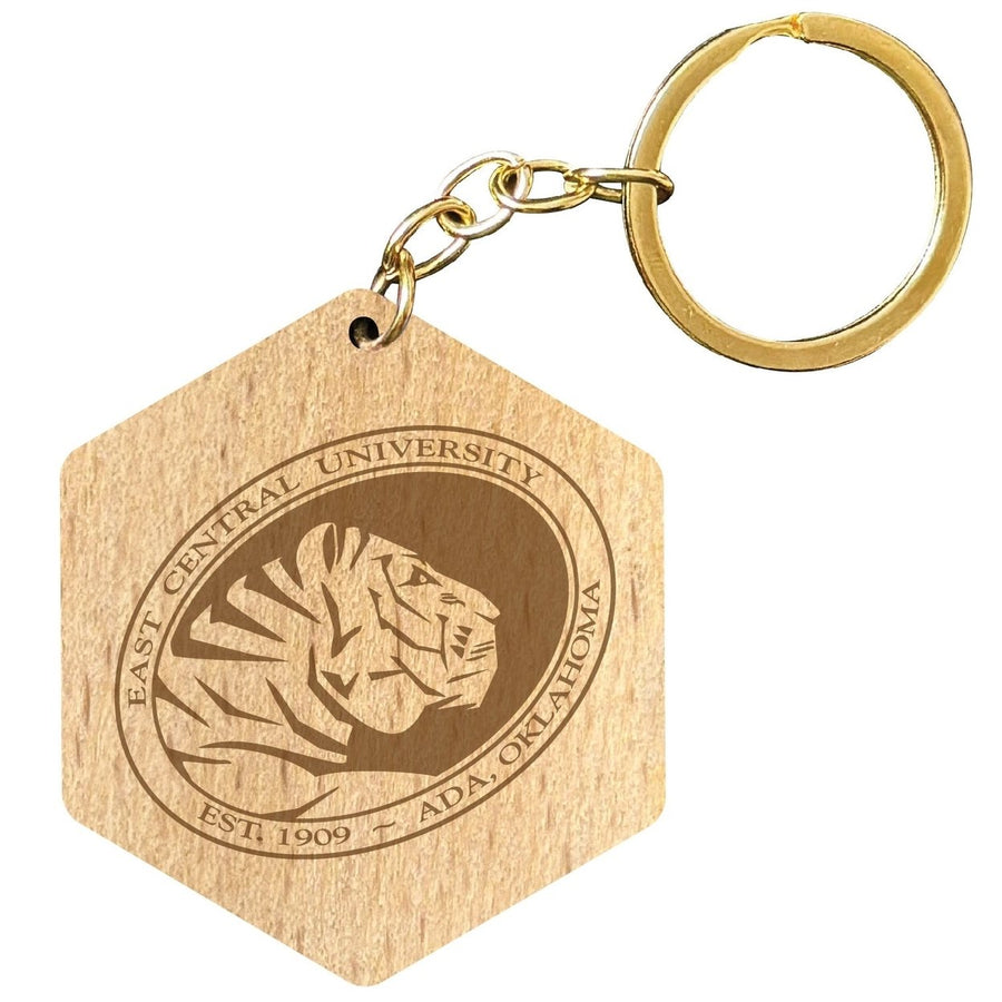 East Central University Tigers 2" Engraved Wooden Hexagon Keychain Officially Licensed Collegiate Product Image 1