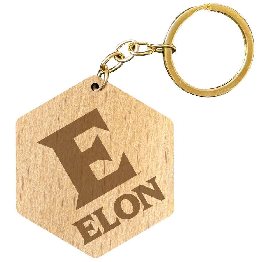 Elon University 2" Engraved Wooden Hexagon Keychain Officially Licensed Collegiate Product Image 1