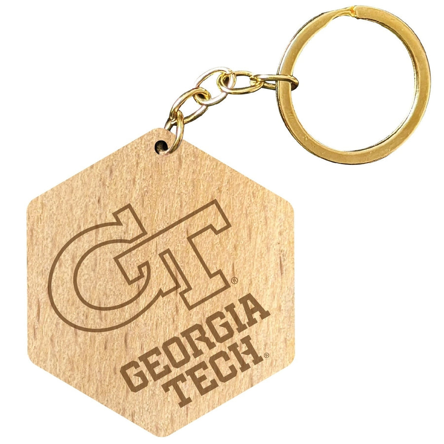 Georgia Tech Yellow Jackets 2" Engraved Wooden Hexagon Keychain Officially Licensed Collegiate Product Image 1