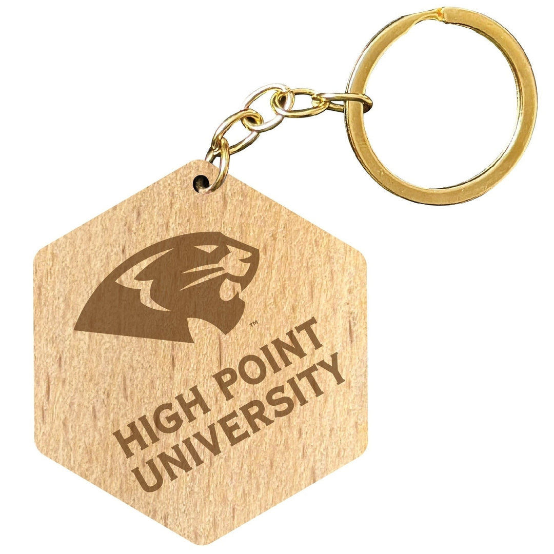 High Point University 2" Engraved Wooden Hexagon Keychain Officially Licensed Collegiate Product Image 1