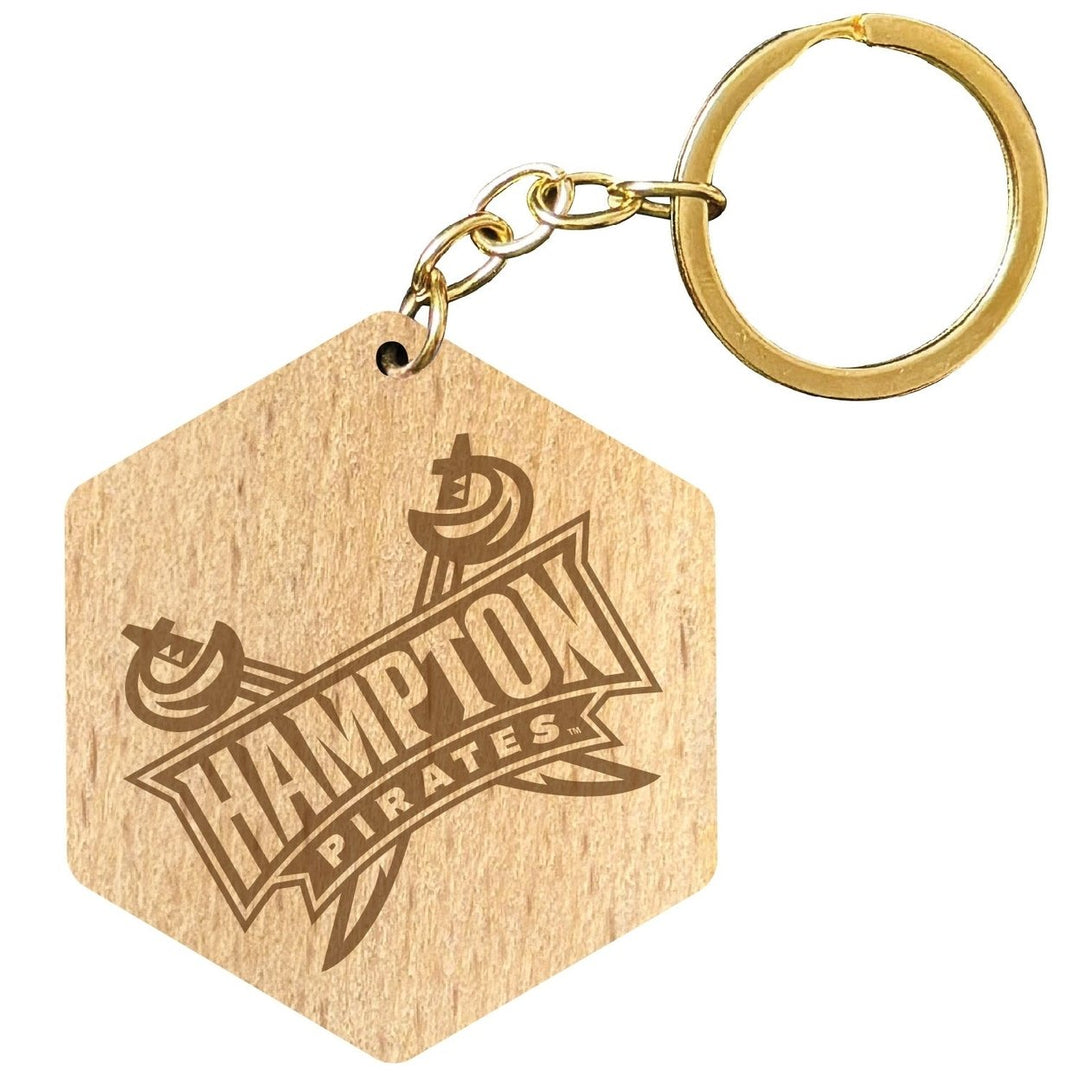 Hampton University 2" Engraved Wooden Hexagon Keychain Officially Licensed Collegiate Product Image 1