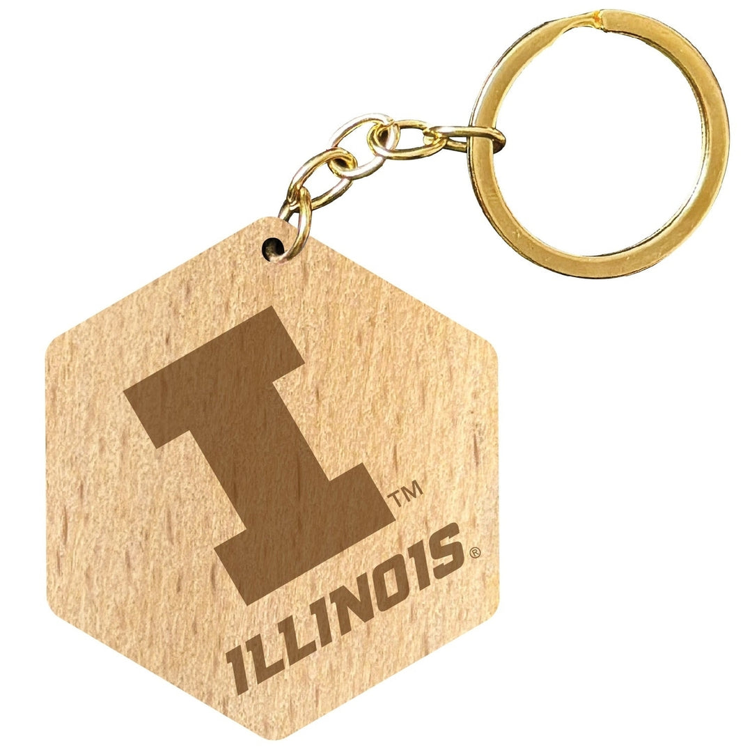 Illinois Fighting Illini 2" Engraved Wooden Hexagon Keychain Officially Licensed Collegiate Product Image 1