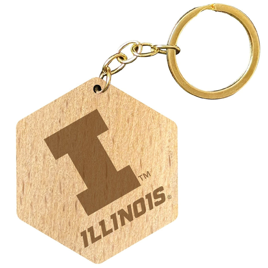 Illinois Fighting Illini 2" Engraved Wooden Hexagon Keychain Officially Licensed Collegiate Product Image 1