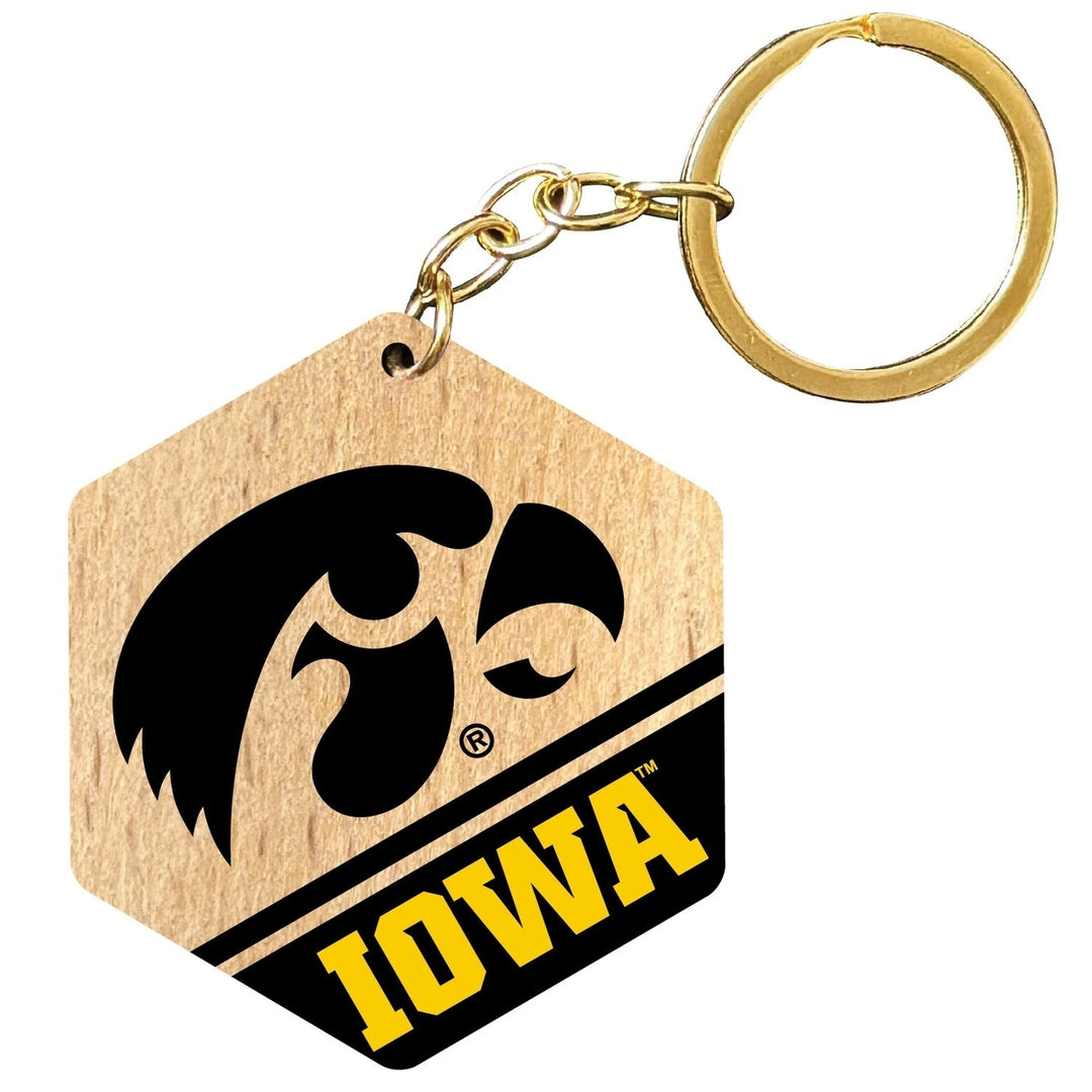 Iowa Hawkeyes 2" Wooden Hexagon Keychain Officially Licensed Collegiate Product Image 1