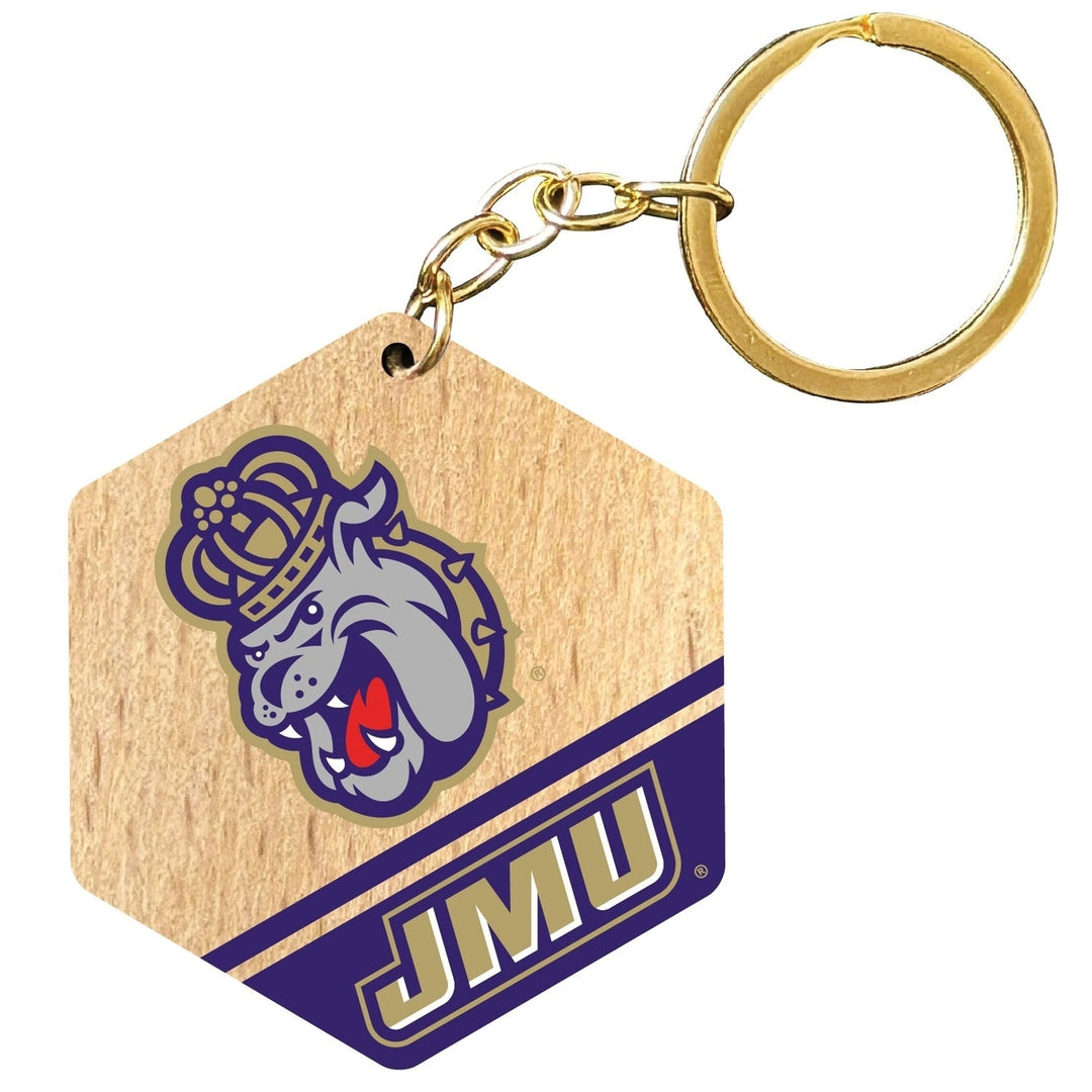 James Madison Dukes 2" Wooden Hexagon Keychain Officially Licensed Collegiate Product Image 1