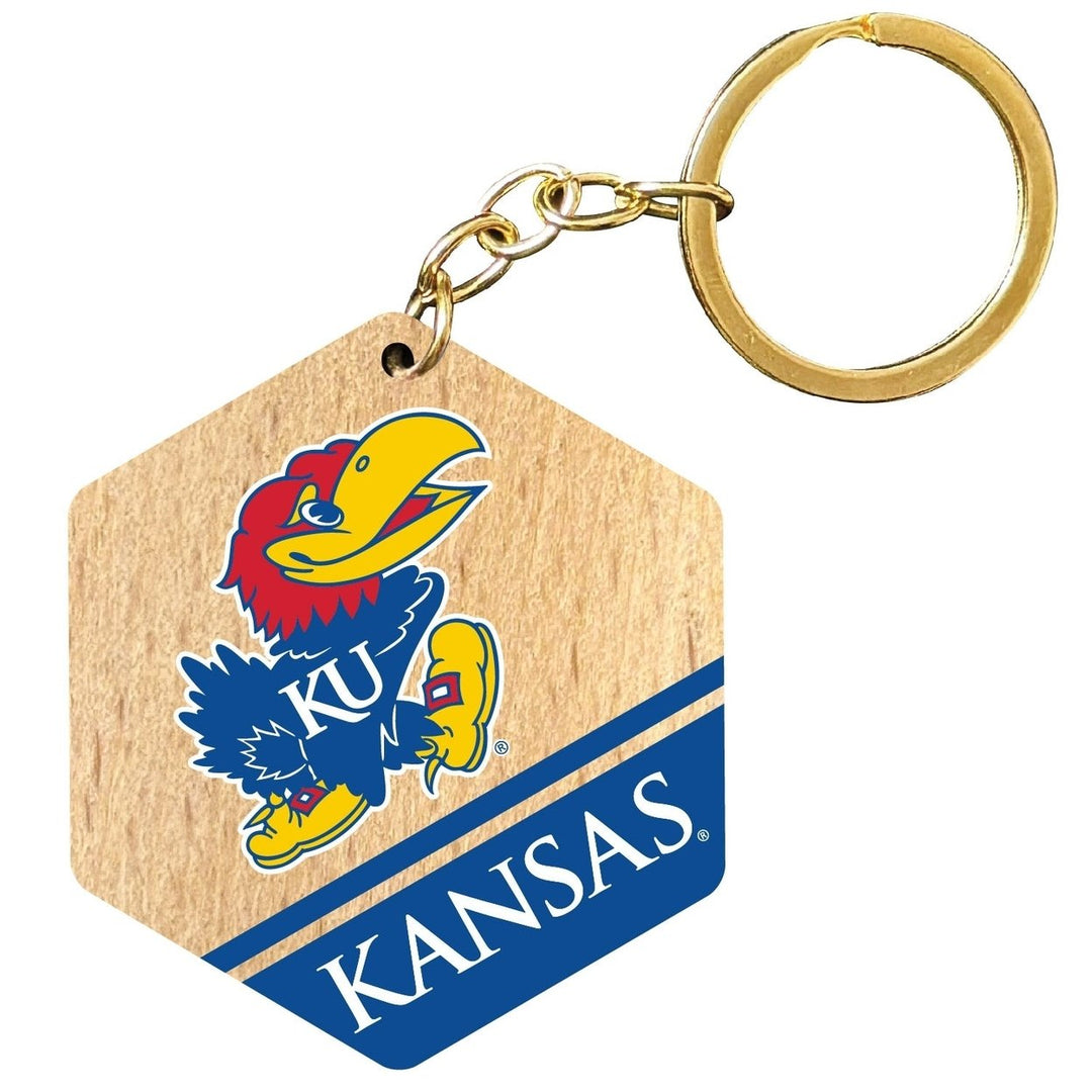 Kansas Jayhawks 2" Wooden Hexagon Keychain Officially Licensed Collegiate Product Image 1