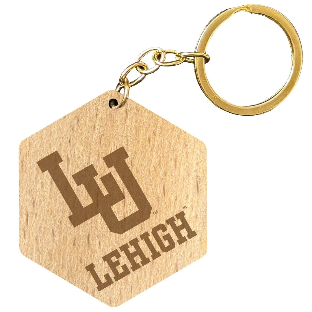 Lehigh University Mountain Hawks 2" Engraved Wooden Hexagon Keychain Officially Licensed Collegiate Product Image 1