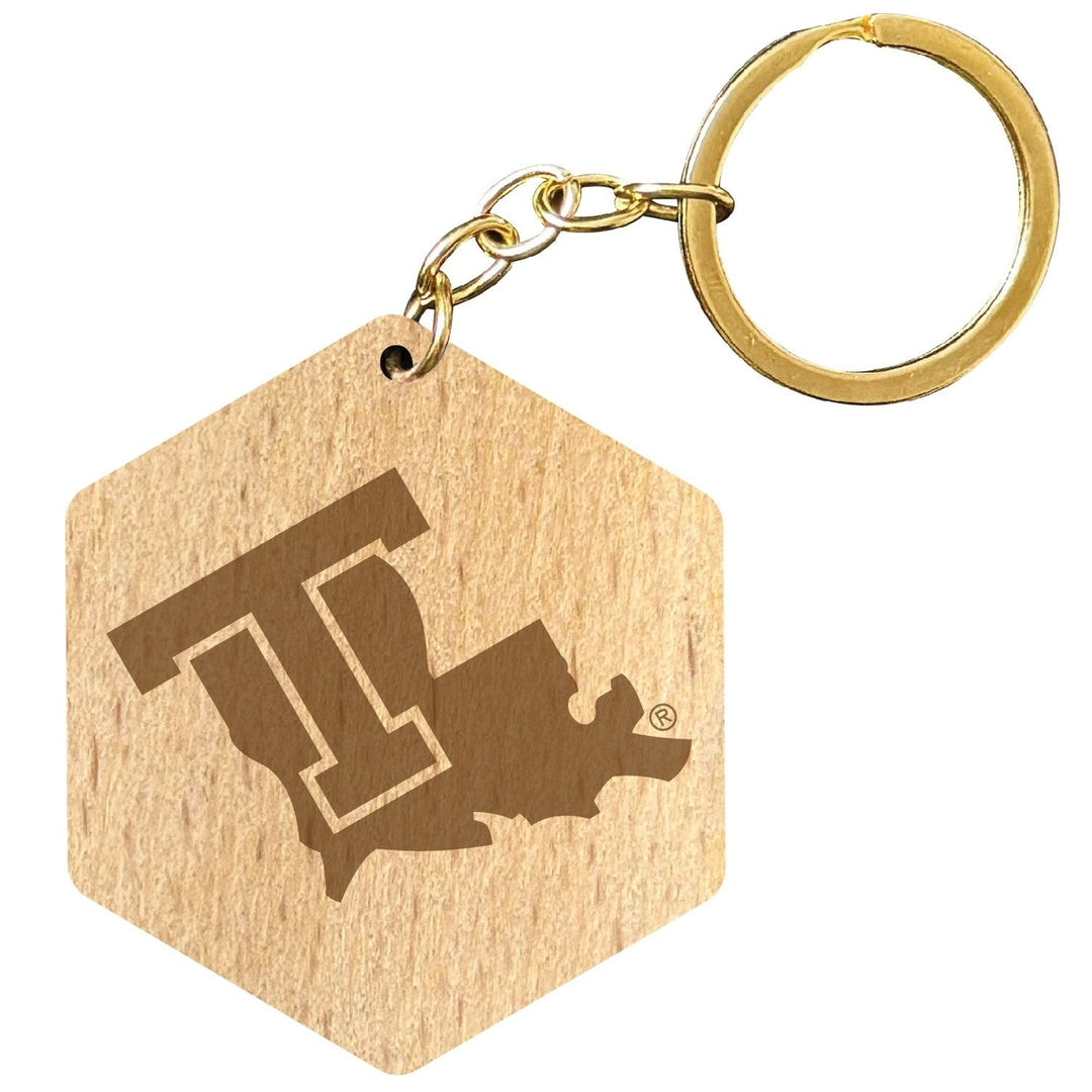 Louisiana Tech Bulldogs 2" Engraved Wooden Hexagon Keychain Officially Licensed Collegiate Product Image 1