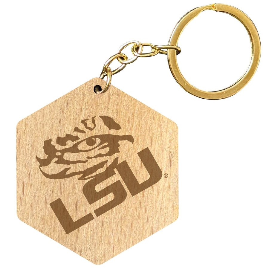 LSU Tigers 2" Engraved Wooden Hexagon Keychain Officially Licensed Collegiate Product Image 1