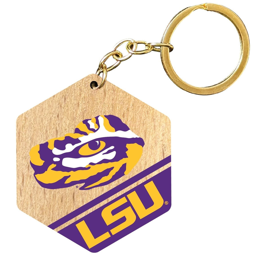 LSU Tigers 2" Wooden Hexagon Keychain Officially Licensed Collegiate Product Image 1