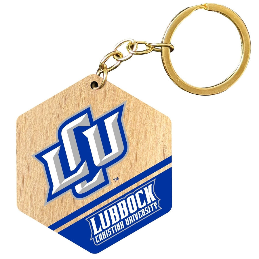 Lubbock Christian University Chaparral 2" Wooden Hexagon Keychain Officially Licensed Collegiate Product Image 1