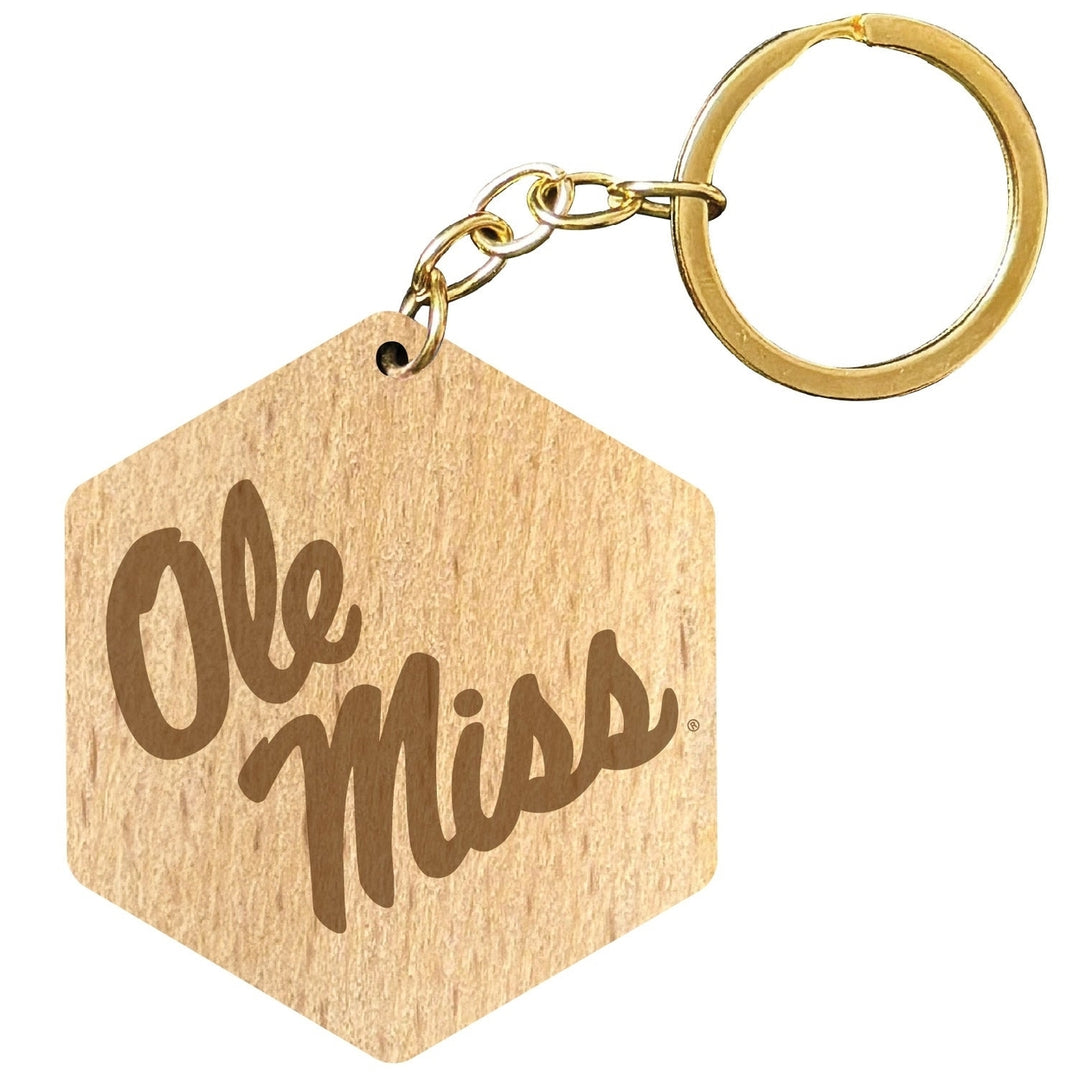 Mississippi Rebels "Ole Miss" 2" Engraved Wooden Hexagon Keychain Officially Licensed Collegiate Product Image 1