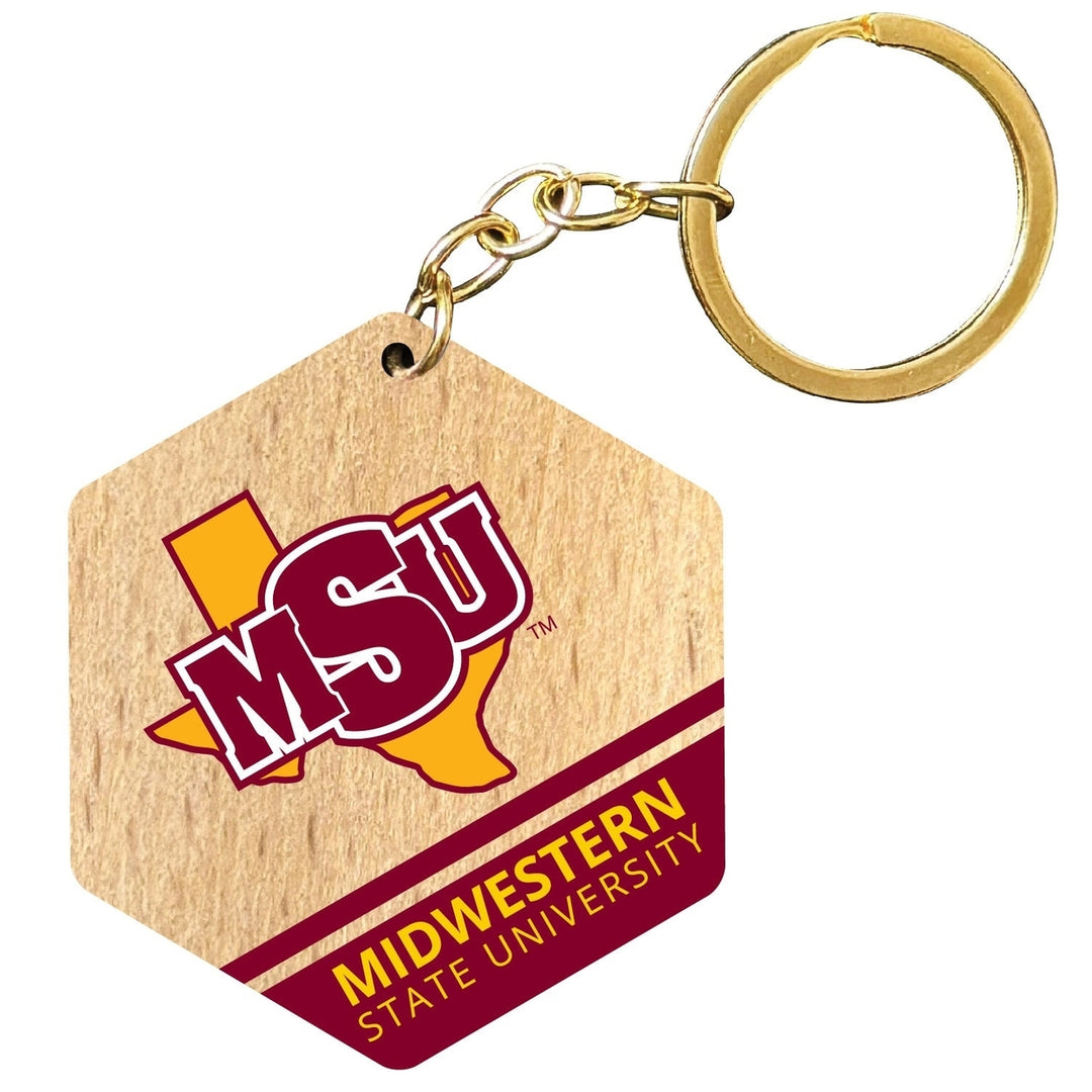 Midwestern State University Mustangs 2" Wooden Hexagon Keychain Officially Licensed Collegiate Product Image 1