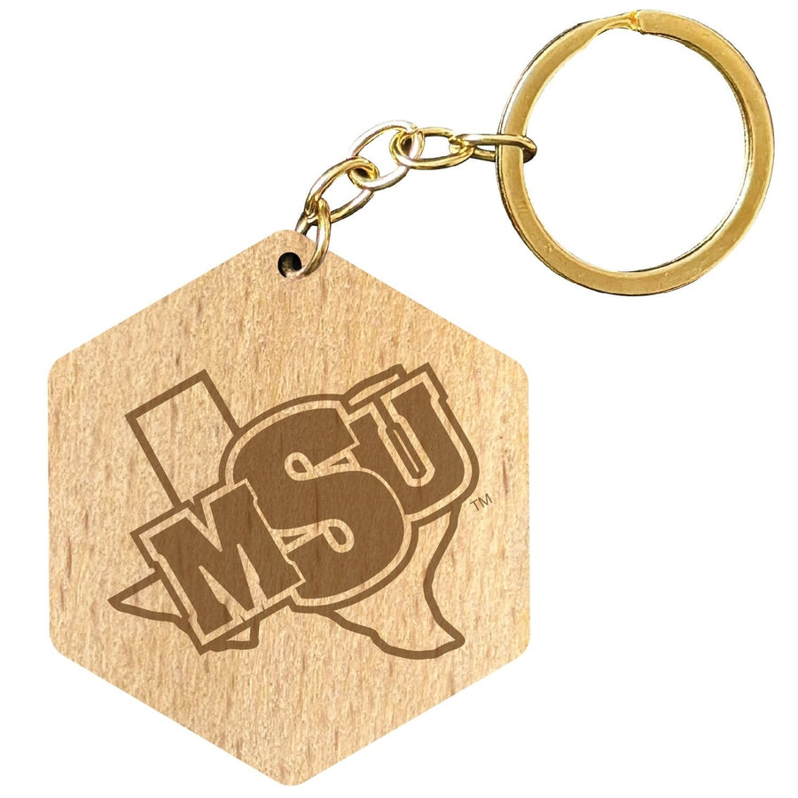 Midwestern State University Mustangs 2" Engraved Wooden Hexagon Keychain Officially Licensed Collegiate Product Image 1