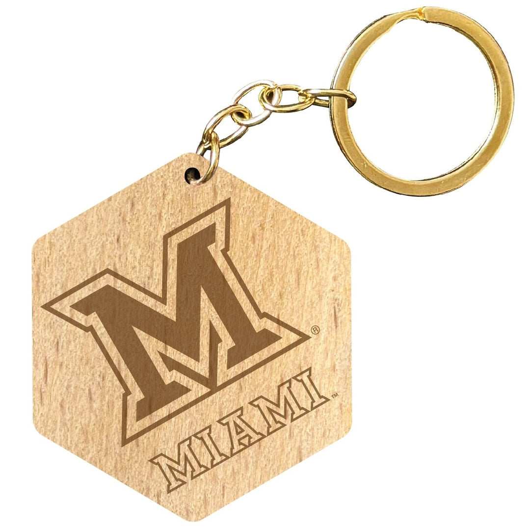 Miami University of Ohio 2" Engraved Wooden Hexagon Keychain Officially Licensed Collegiate Product Image 1