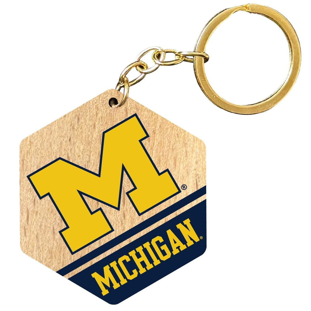 Michigan Wolverines 2" Wooden Hexagon Keychain Officially Licensed Collegiate Product Image 1