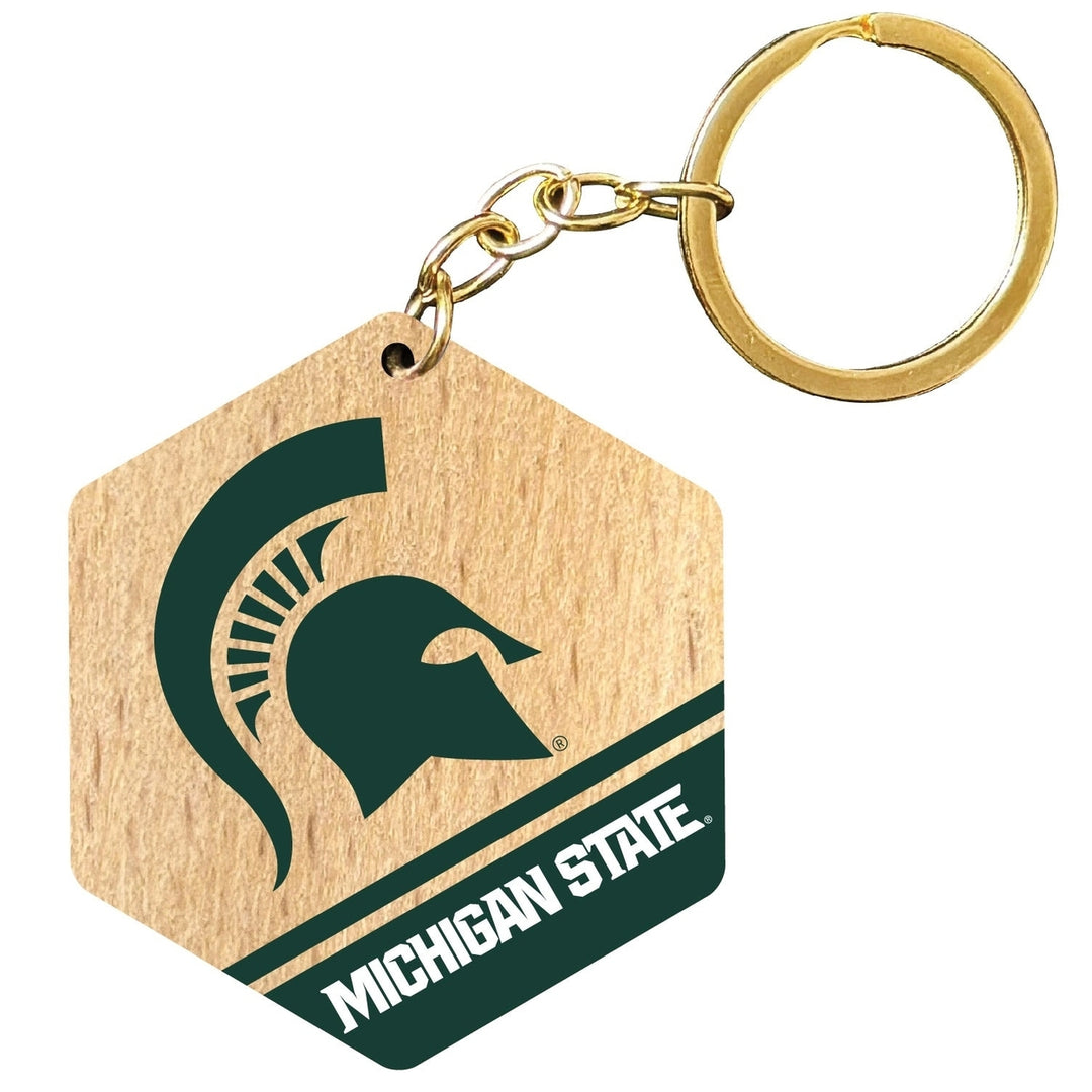 Michigan State Spartans 2" Wooden Hexagon Keychain Officially Licensed Collegiate Product Image 1