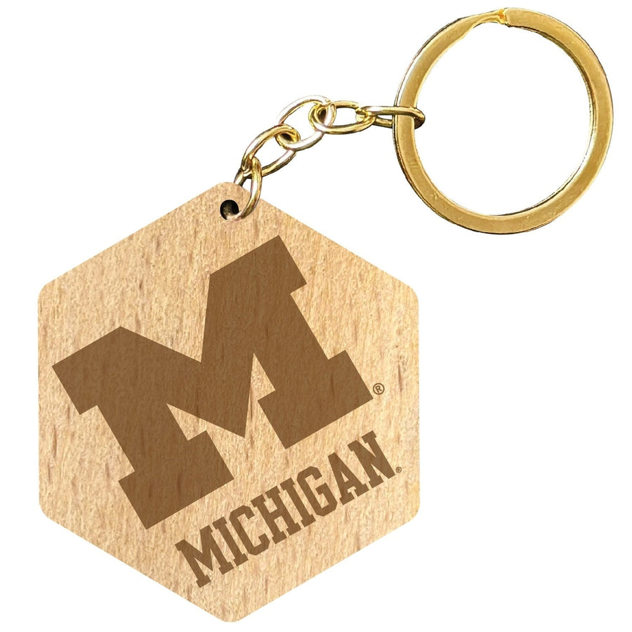 Michigan Wolverines 2" Engraved Wooden Hexagon Keychain Officially Licensed Collegiate Product Image 1