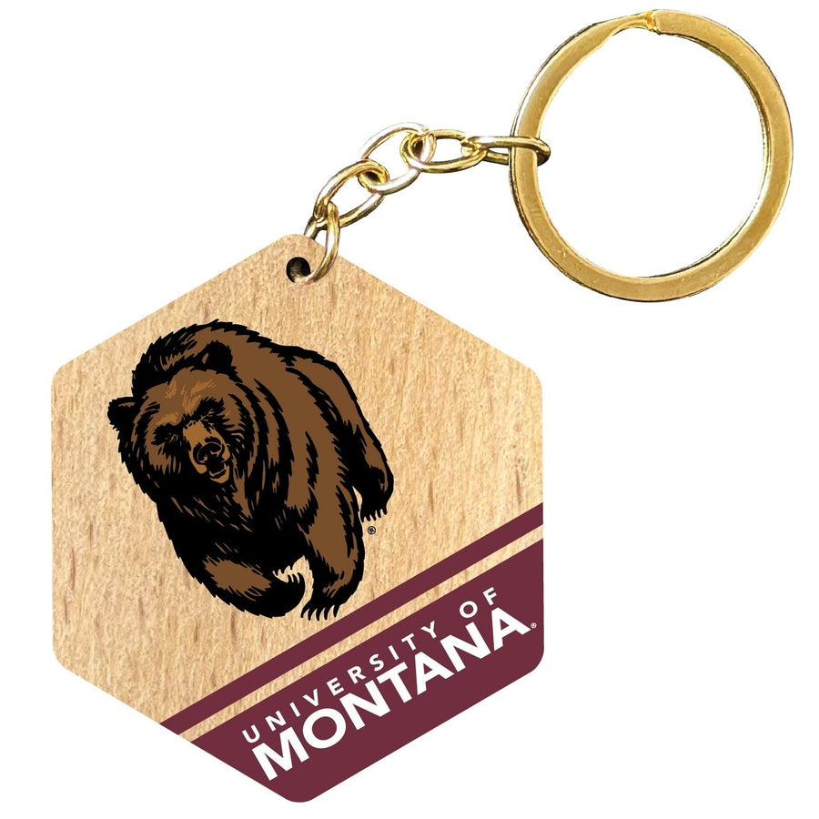 Montana University 2" Wooden Hexagon Keychain Officially Licensed Collegiate Product Image 1