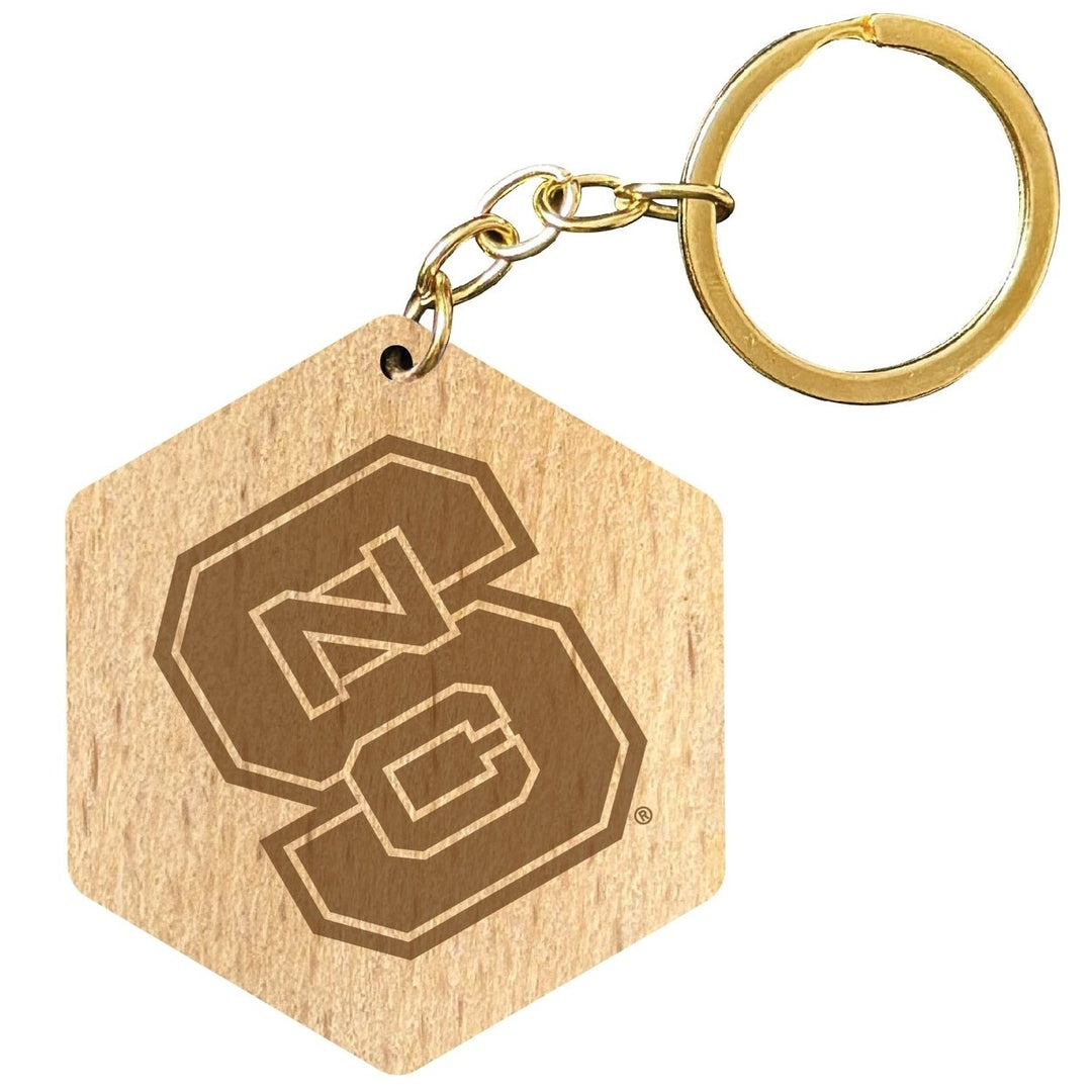 NC State Wolfpack 2" Engraved Wooden Hexagon Keychain Officially Licensed Collegiate Product Image 1