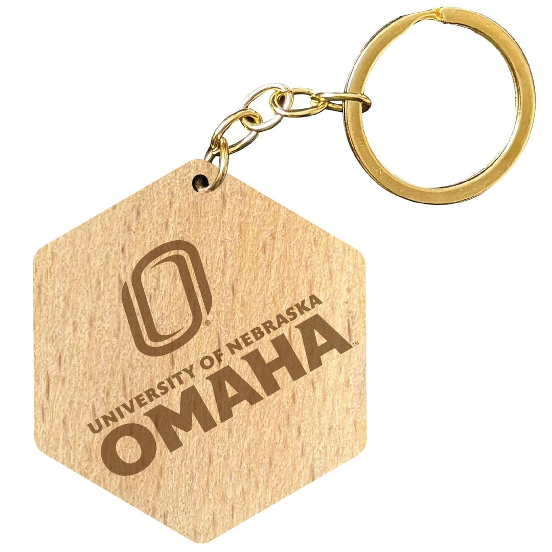 Nebraska at Omaha 2" Engraved Wooden Hexagon Keychain Officially Licensed Collegiate Product Image 1