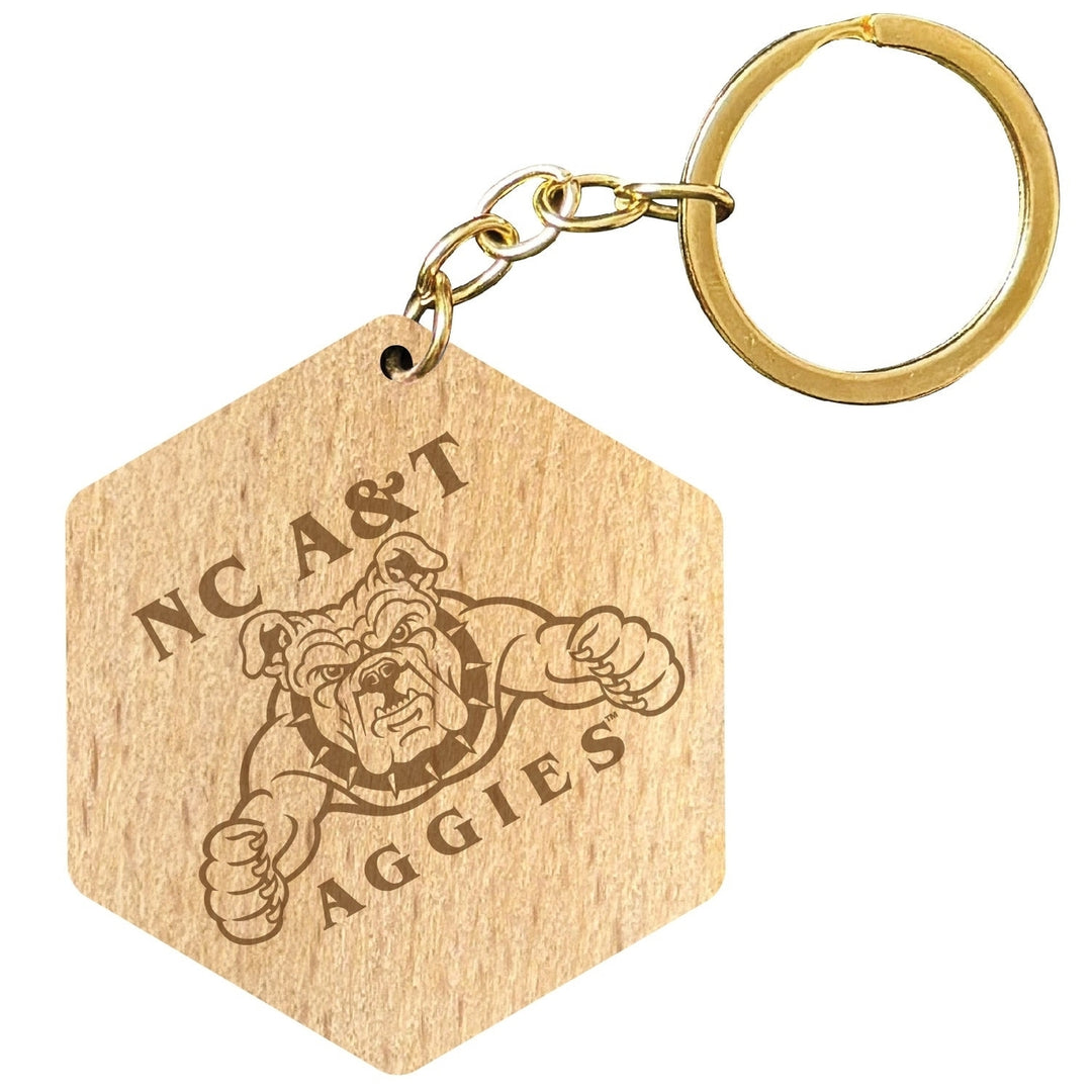 North Carolina AandT State Aggies 2" Engraved Wooden Hexagon Keychain Officially Licensed Collegiate Product Image 1