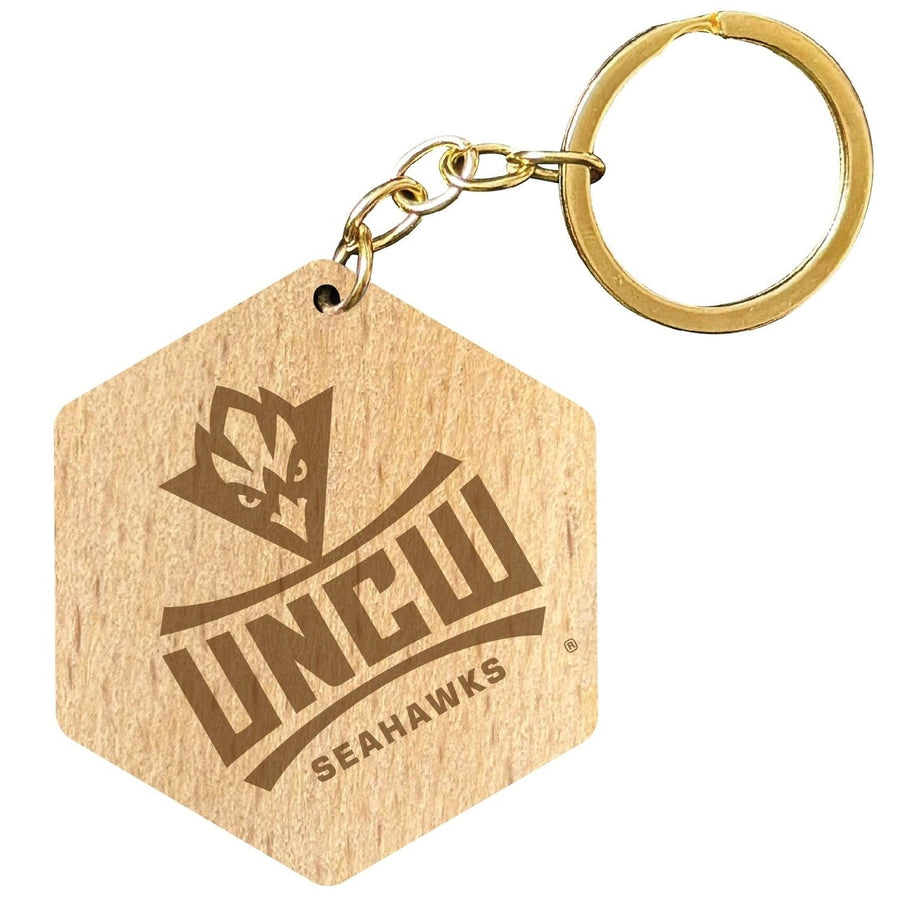 North Carolina Wilmington Seahawks 2" Engraved Wooden Hexagon Keychain Officially Licensed Collegiate Product Image 1