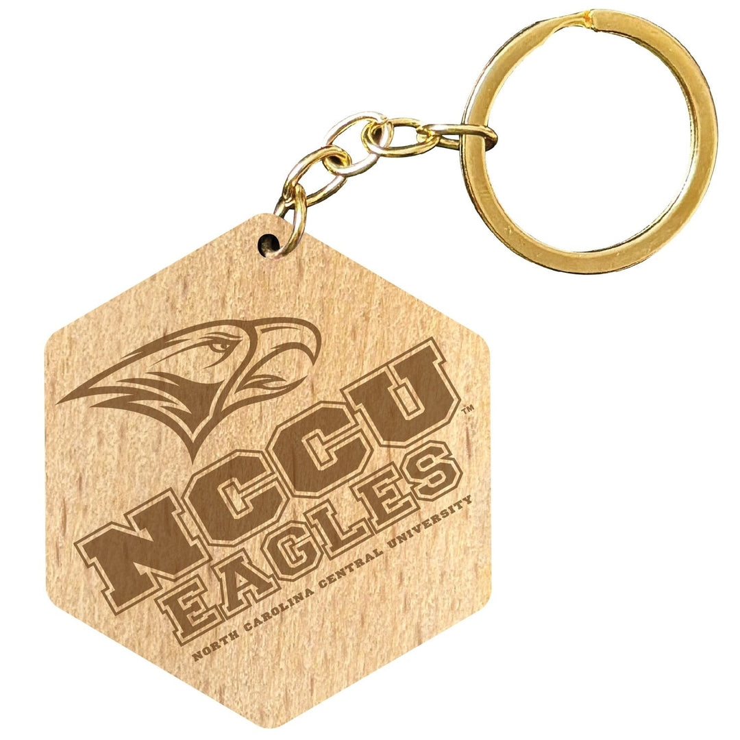 North Carolina Central Eagles 2" Engraved Wooden Hexagon Keychain Officially Licensed Collegiate Product Image 1