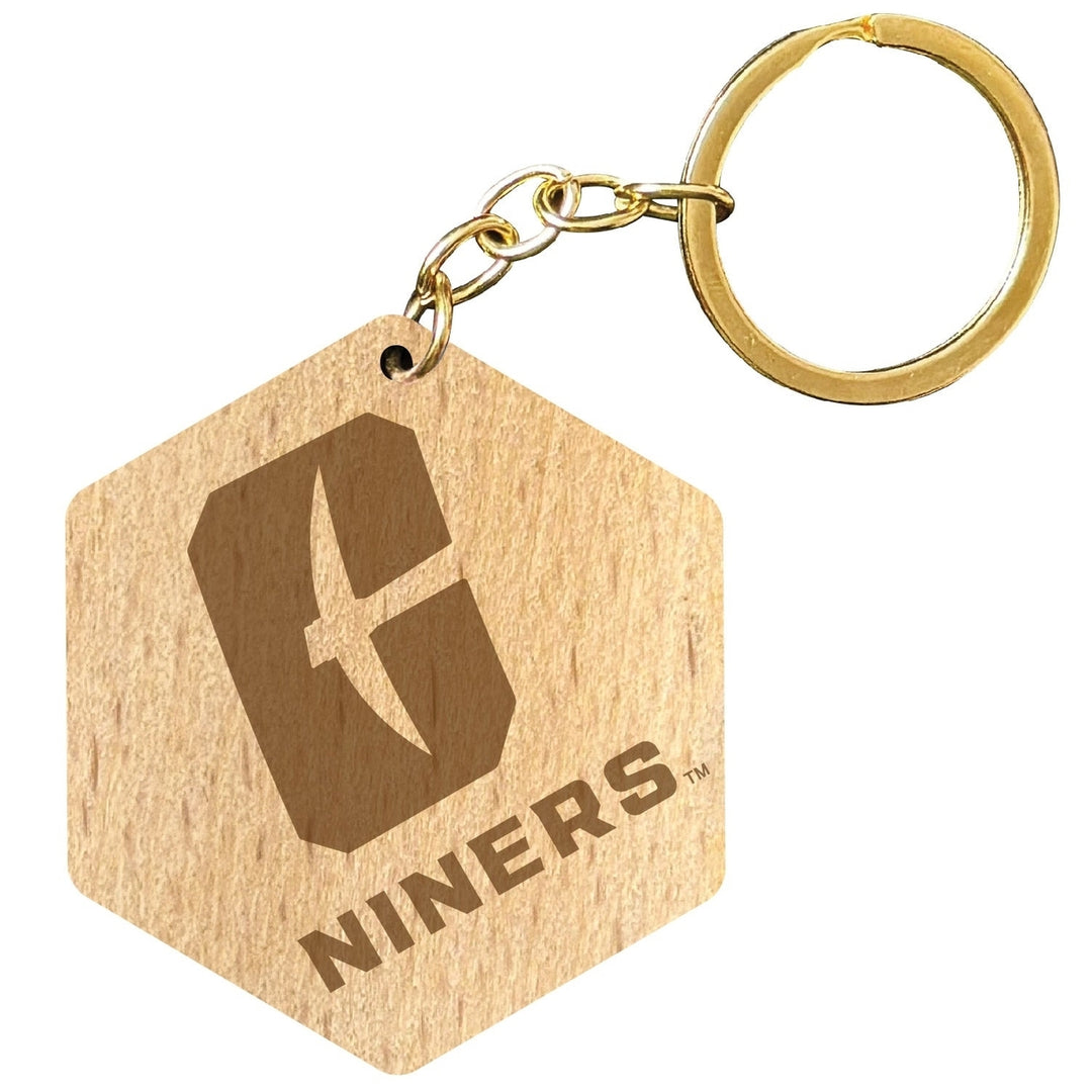 North Carolina Charlotte Forty-Niners 2" Engraved Wooden Hexagon Keychain Officially Licensed Collegiate Product Image 1