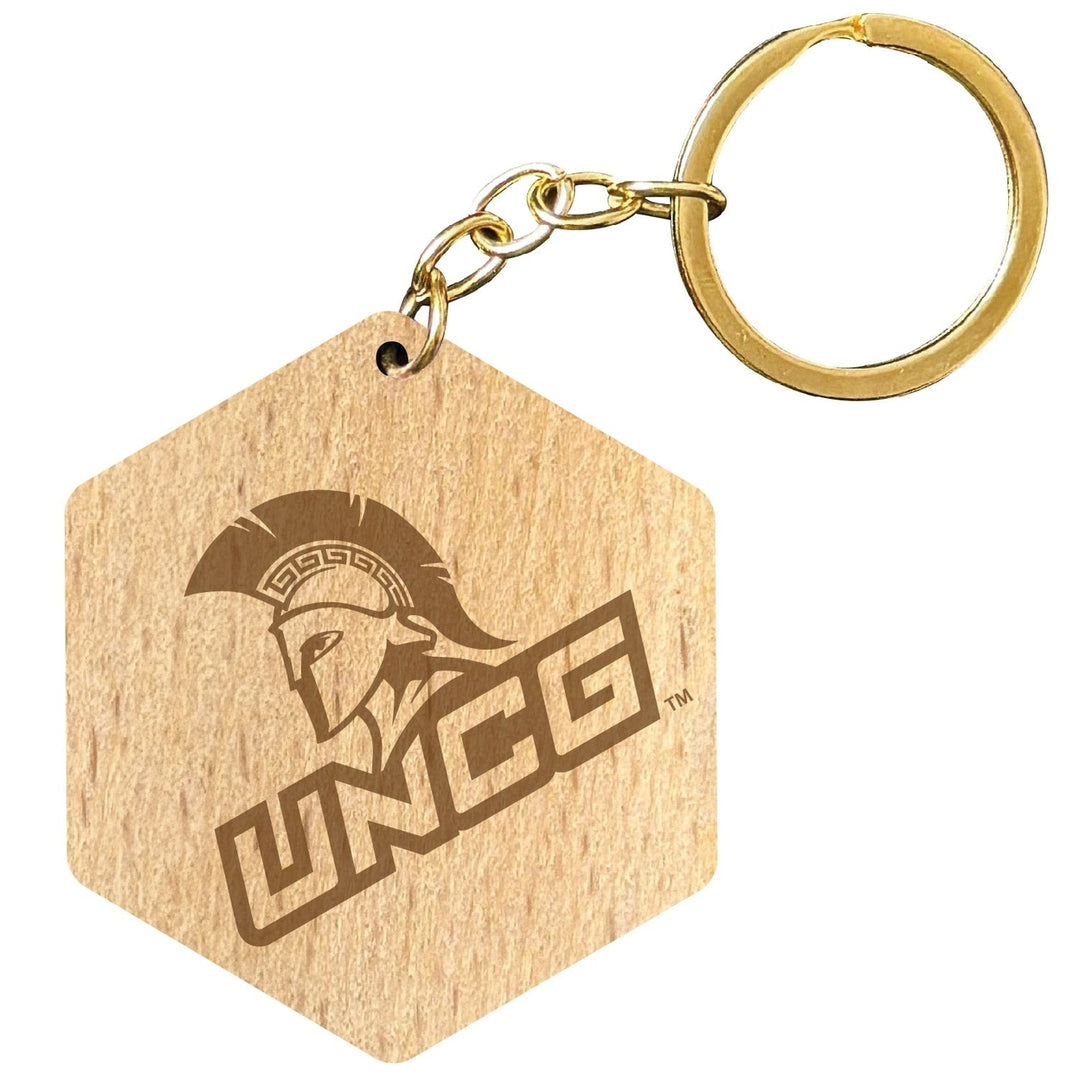 North Carolina Greensboro Spartans 2" Engraved Wooden Hexagon Keychain Officially Licensed Collegiate Product Image 1