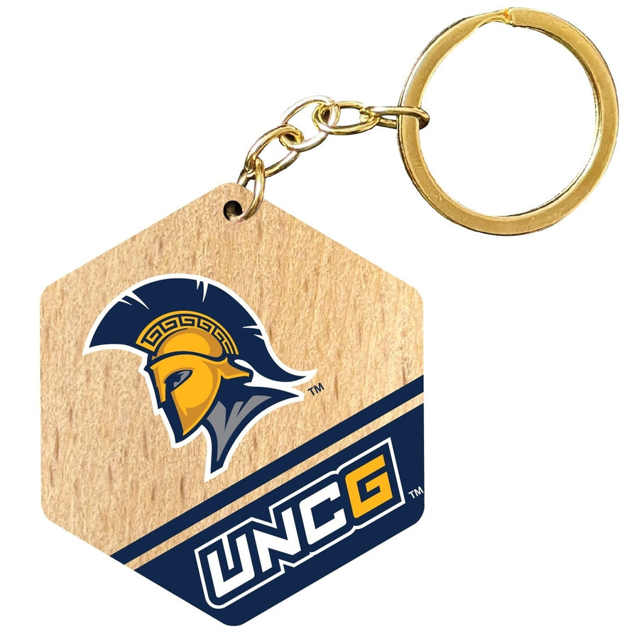 North Carolina Greensboro Spartans 2" Wooden Hexagon Keychain Officially Licensed Collegiate Product Image 1