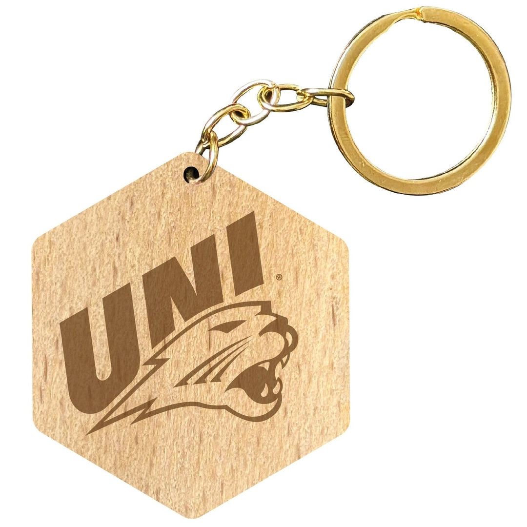 Northern Iowa Panthers 2" Engraved Wooden Hexagon Keychain Officially Licensed Collegiate Product Image 1