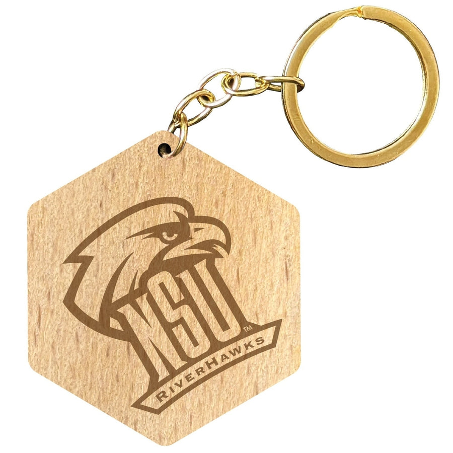 Northeastern State University Riverhawks 2" Engraved Wooden Hexagon Keychain Officially Licensed Collegiate Product Image 1