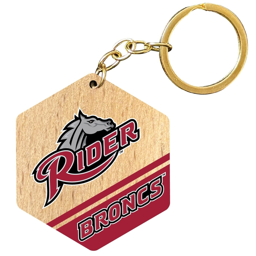 Rider University Broncs 2" Wooden Hexagon Keychain Officially Licensed Collegiate Product Image 1