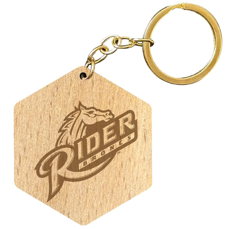 Rider University Broncs 2" Engraved Wooden Hexagon Keychain Officially Licensed Collegiate Product Image 1