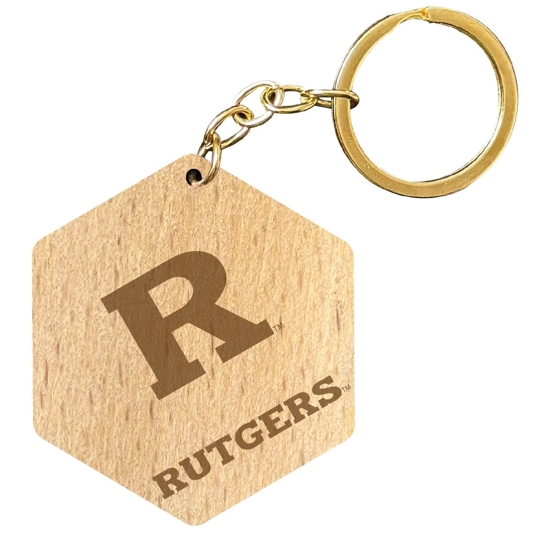 Rutgers Scarlet Knights 2" Engraved Wooden Hexagon Keychain Officially Licensed Collegiate Product Image 1