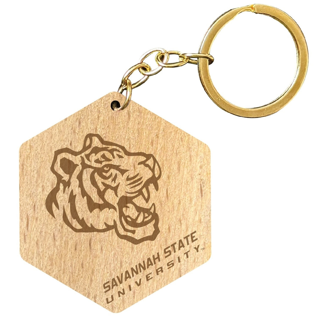 Savannah State University 2" Engraved Wooden Hexagon Keychain Officially Licensed Collegiate Product Image 1