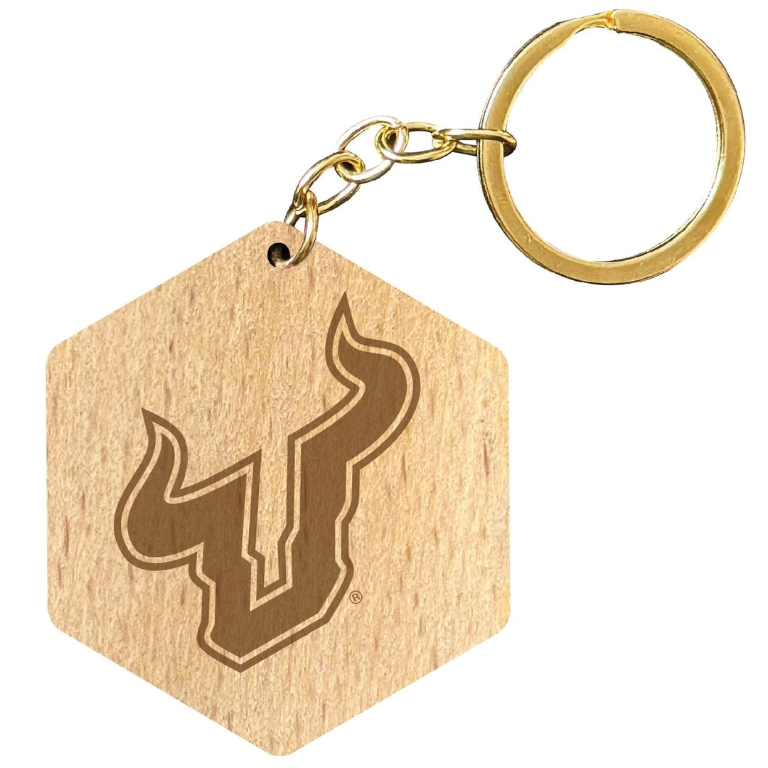 South Florida Bulls 2" Engraved Wooden Hexagon Keychain Officially Licensed Collegiate Product Image 1