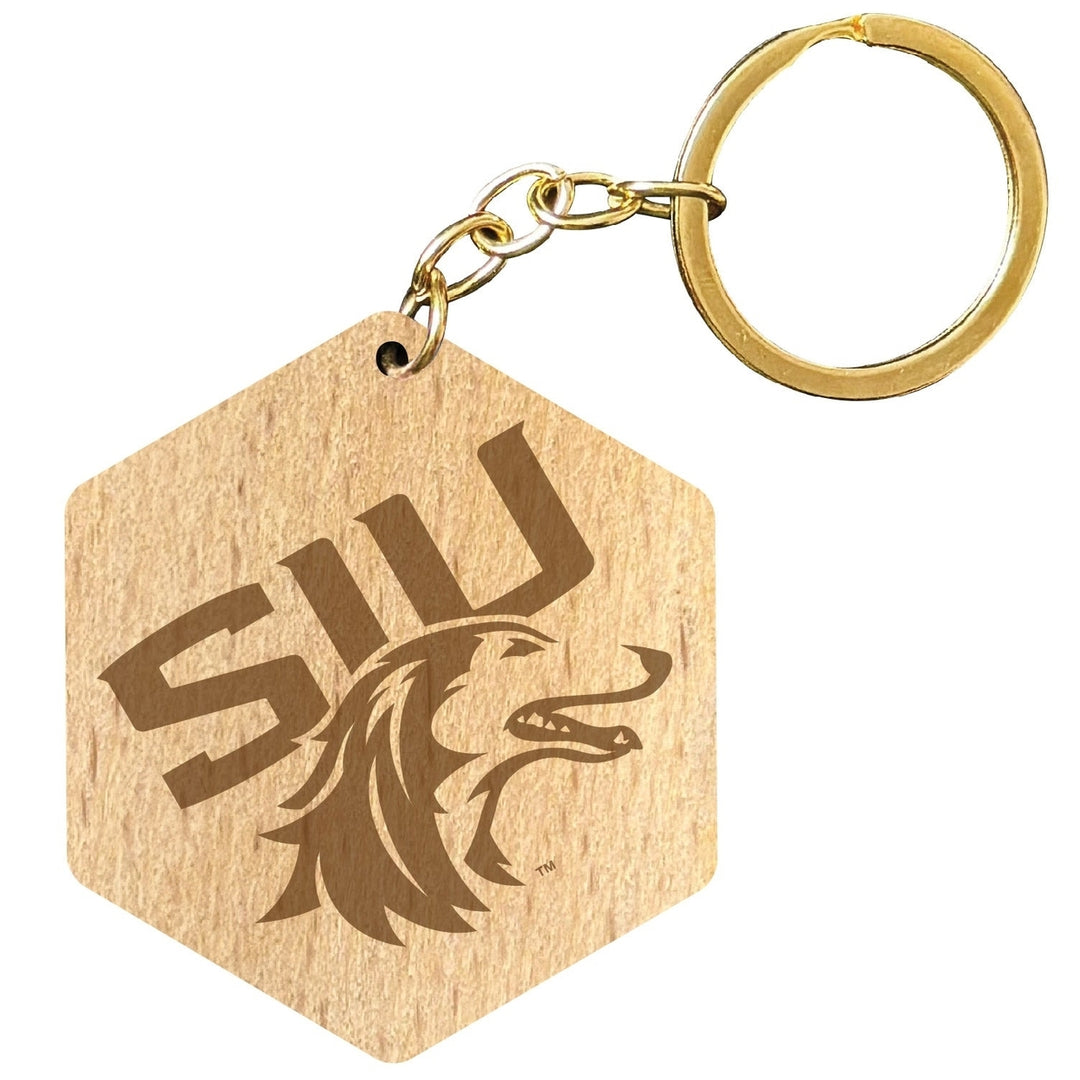 Southern Illinois Salukis 2" Engraved Wooden Hexagon Keychain Officially Licensed Collegiate Product Image 1