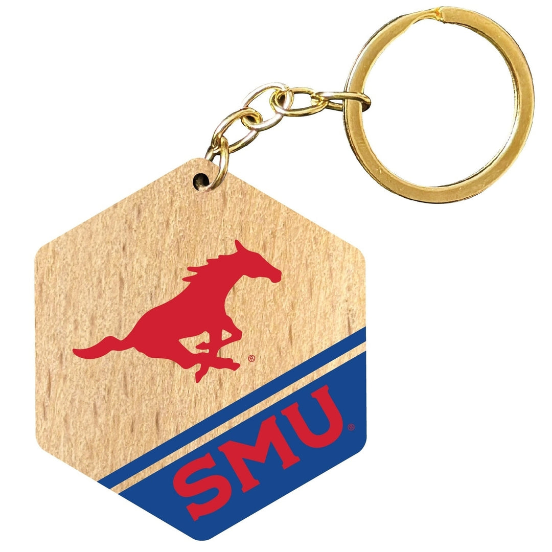 Southern Methodist University 2" Wooden Hexagon Keychain Officially Licensed Collegiate Product Image 1