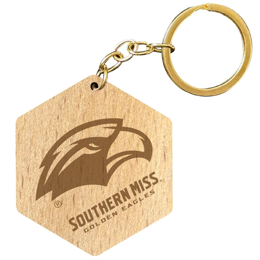 Southern Mississippi Golden Eagles 2" Engraved Wooden Hexagon Keychain Officially Licensed Collegiate Product Image 1