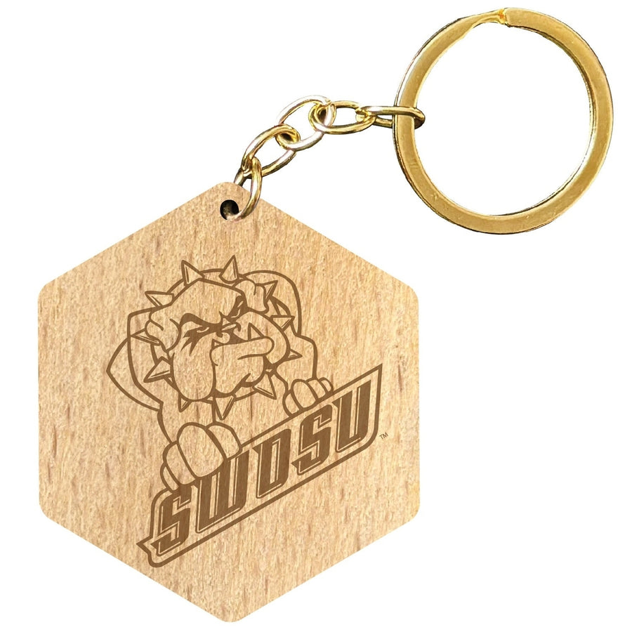 Southwestern Oklahoma State University 2" Engraved Wooden Hexagon Keychain Officially Licensed Collegiate Product Image 1