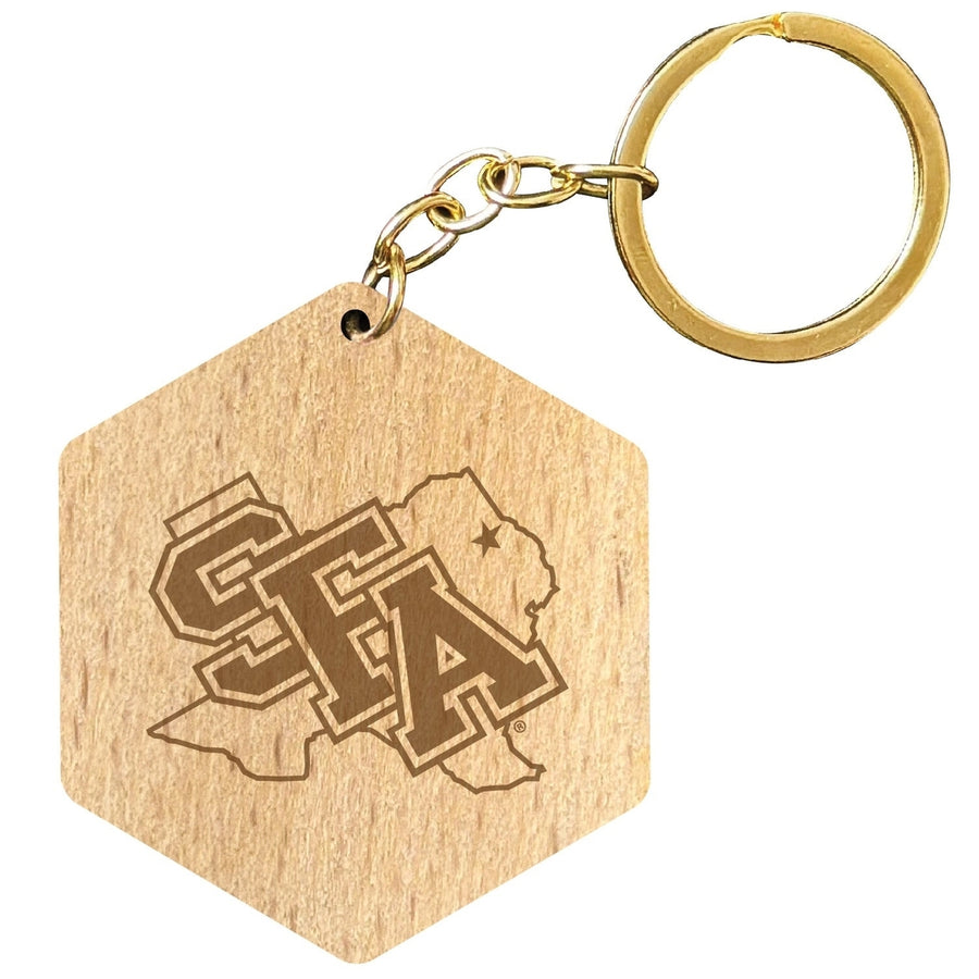 Stephen F. Austin State University 2" Engraved Wooden Hexagon Keychain Officially Licensed Collegiate Product Image 1