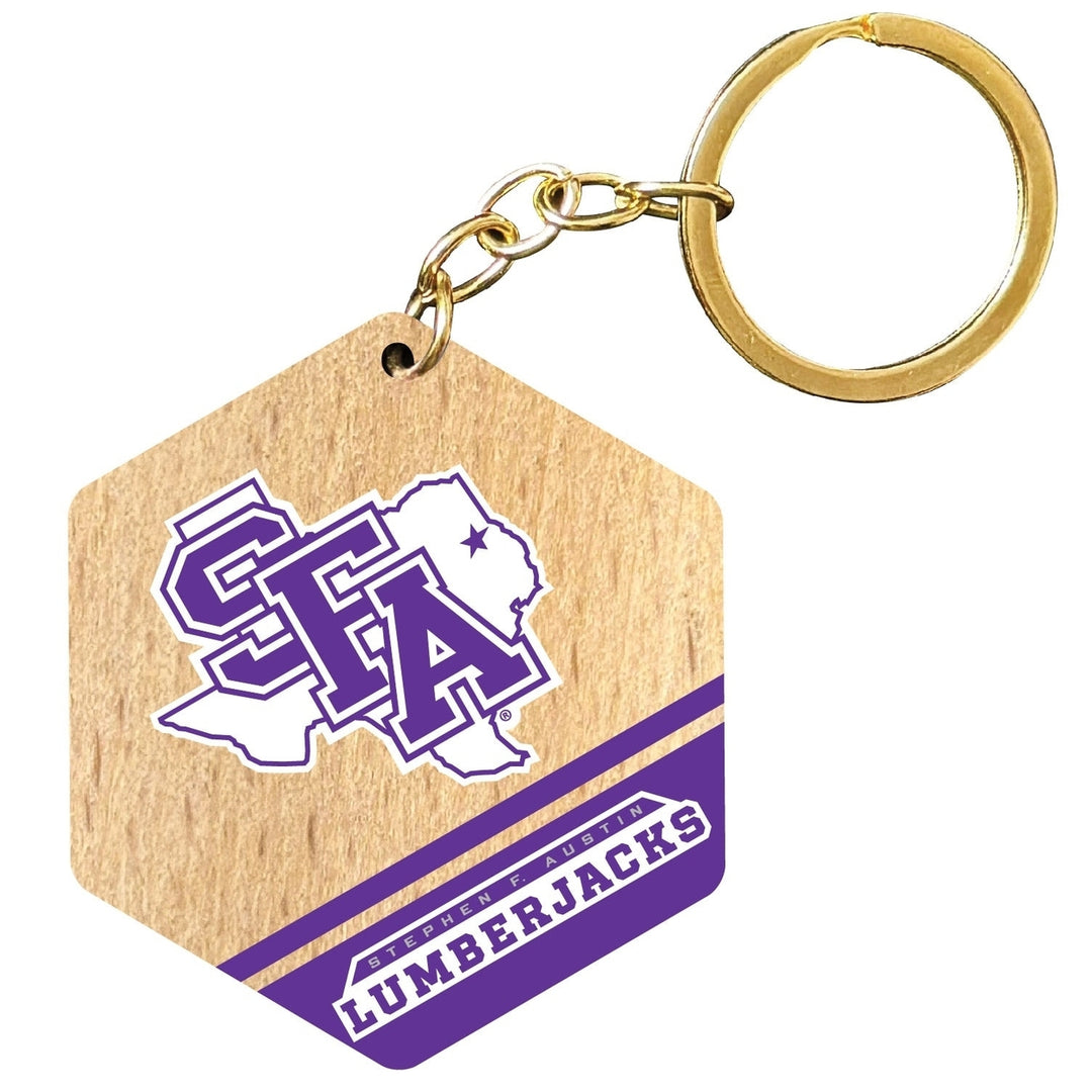 Stephen F. Austin State University 2" Wooden Hexagon Keychain Officially Licensed Collegiate Product Image 1