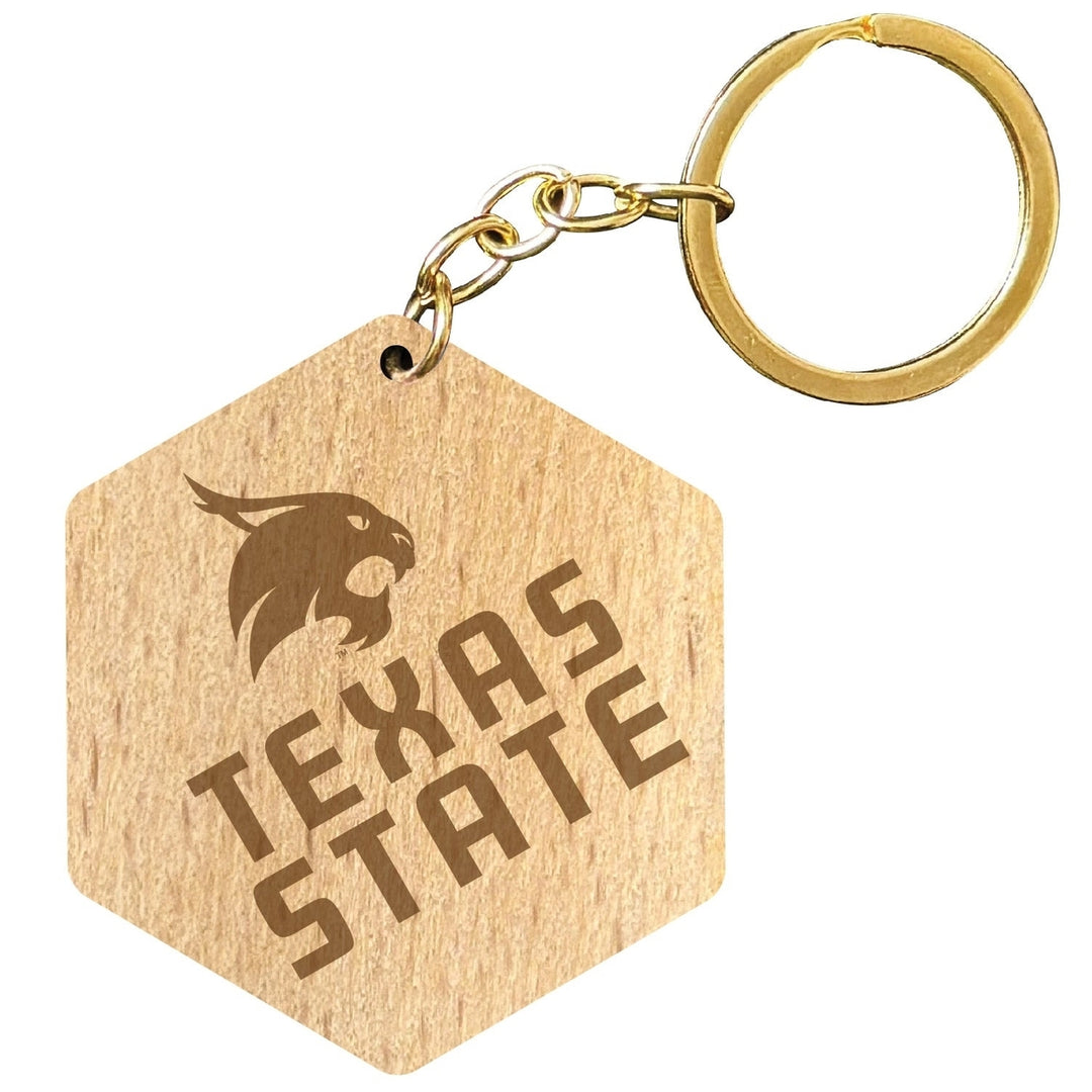 Texas State Bobcats 2" Engraved Wooden Hexagon Keychain Officially Licensed Collegiate Product Image 1